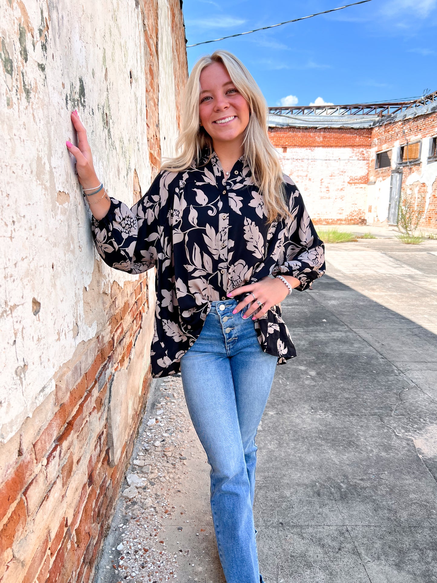 Tara Floral Printed Button Down Gauze Blouse-Button Up-Easel-Bin D1,CR 09/11/24,FD 09/30/24,Max Retail,Tops Collection-The Twisted Chandelier
