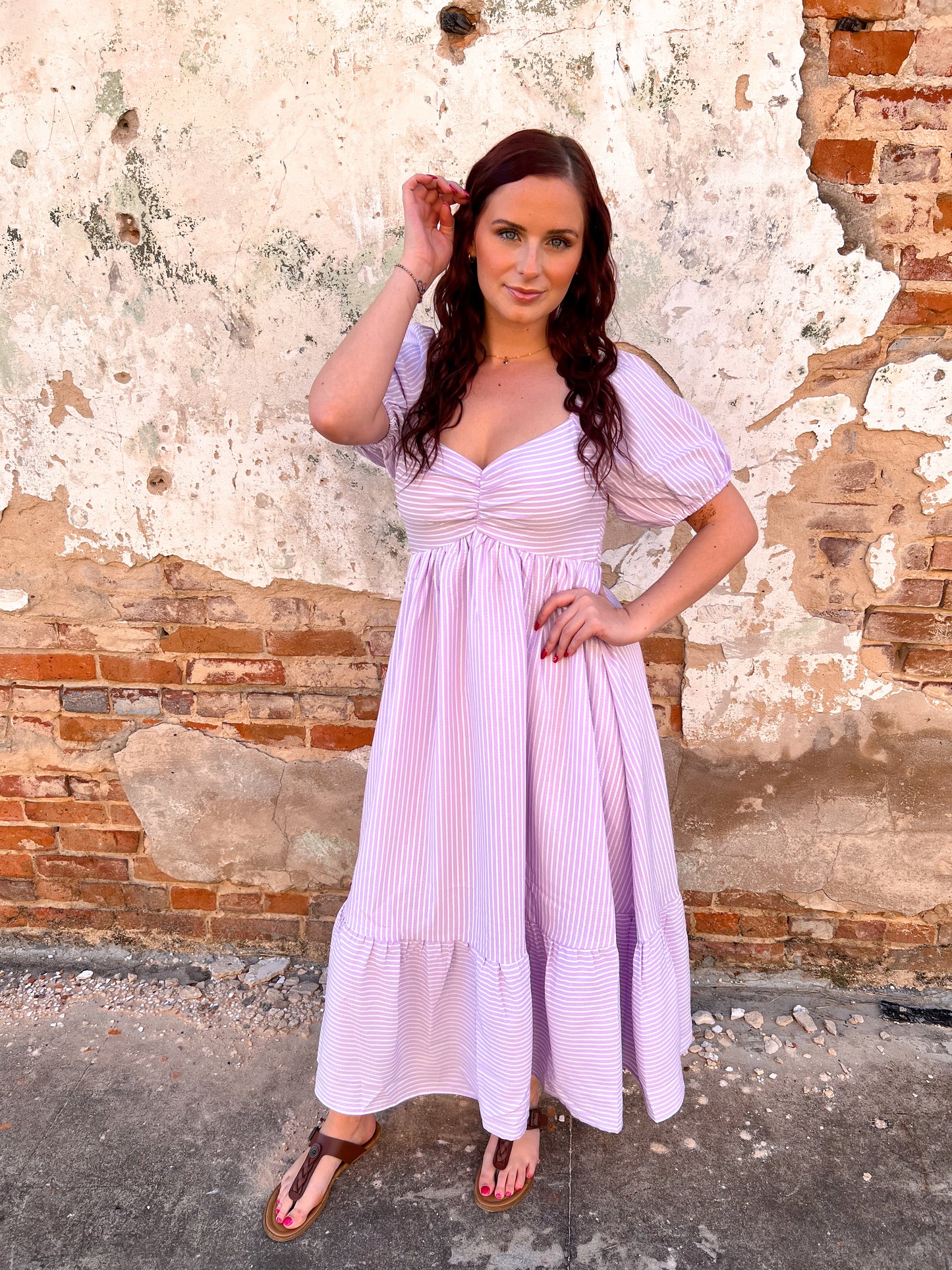 Emily Sweetheart Neck Striped Midi Dress With Smocked Back - Lavender-Dresses-in february-05/14/25,1st md,BIN D3,DJR,dress,FD 03/18/25,OGP 69.99-The Twisted Chandelier