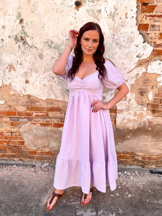 Emily Sweetheart Neck Striped Midi Dress With Smocked Back - Lavender-Dresses-in february-05/14/25,1st md,BIN D3,DJR,dress,FD 03/18/25,OGP 69.99-The Twisted Chandelier