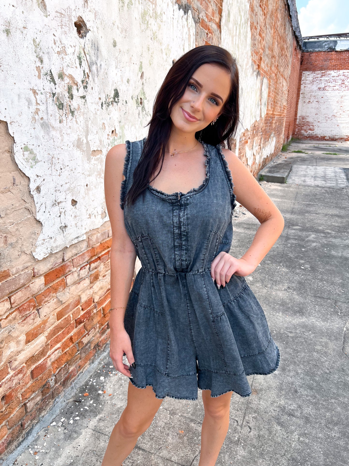 Dena Washed Chambray Denim Frayed Romper-VERY J-08/23/25,Bin B1,DJR,FD 07/01/25,OGP 59.99-The Twisted Chandelier