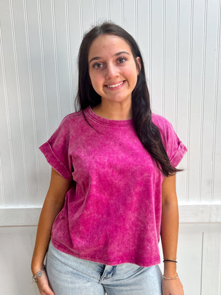 Kendall Washed Cotton Cuffed Short Sleeve Top - Magenta-Top-ZENANA-Fd 8/3/26,Tops Collection-The Twisted Chandelier