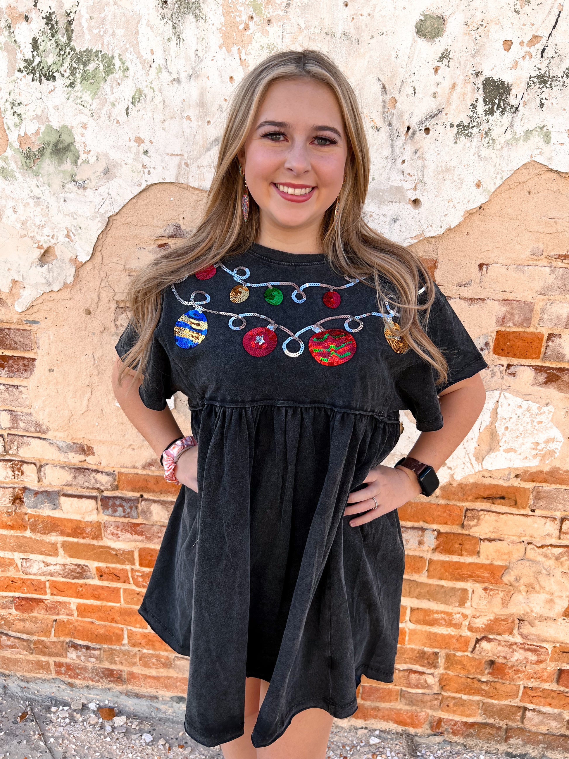 Arabella Christmas Sequin Trim Babydoll Washed Charcoal Dress-Dress-Main Strip-Dresses,Max Retail,not on the floor only in totes,Winter Tote T5-The Twisted Chandelier