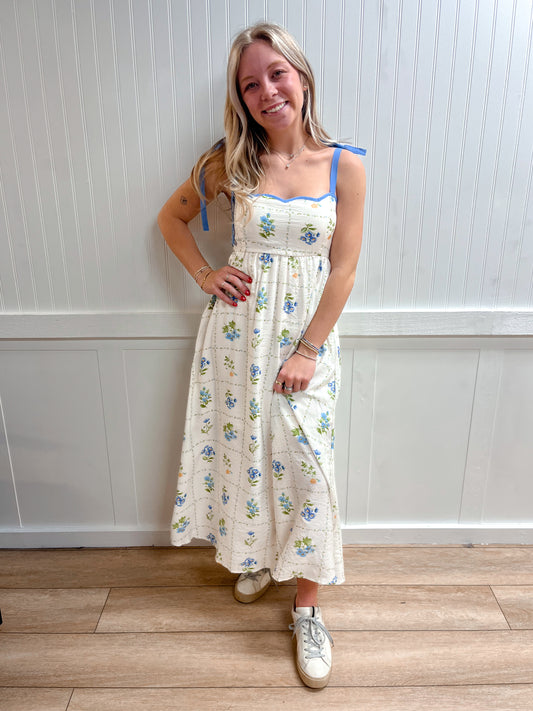 Sienna Floral Tile Pattern Scalloped Tie Strap Midi Dress-Blu Pepper-CR2842,DJR,FD 03/12/26-The Twisted Chandelier