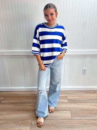 Baylor Stripe Knit Oversized Top - Blue-Top-Sewn and Seen-FD 08/26/26,gameday,NewArrival,Tops Collection-The Twisted Chandelier