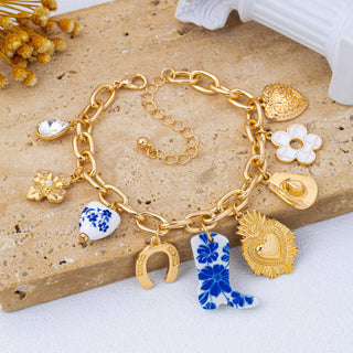 Blue & White Floral Western Charm Link Bracelet-Bracelet-JOSSLYN by wall to wall-80B1803-The Twisted Chandelier