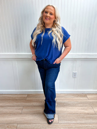 Addie Slub Cuffed Sleeve Tee - Plus - Navy-Top-ZENANA-FD 08/03/26,gameday,Tops Collection-The Twisted Chandelier