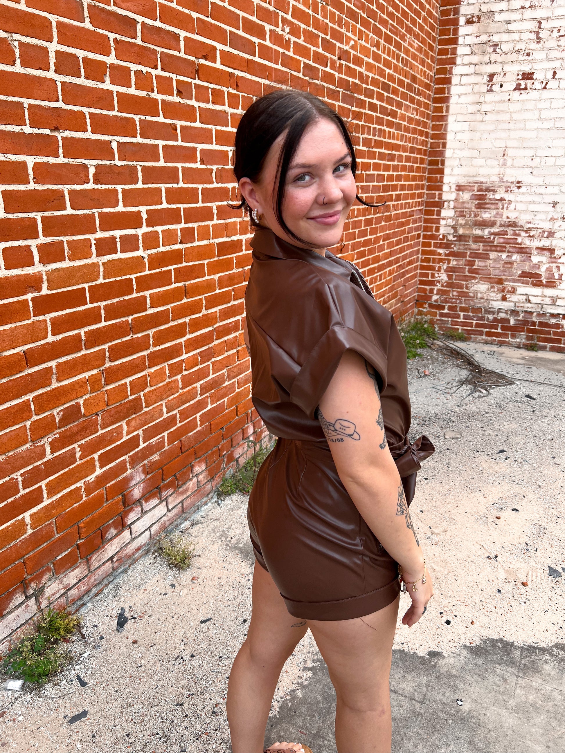 Lexa Faux Leather Romper With Tie-Romper-day+moon-& Jumpsuits,04/25,1st md,DJR,Dresses,Max Retail,Rompers,western & concert-The Twisted Chandelier