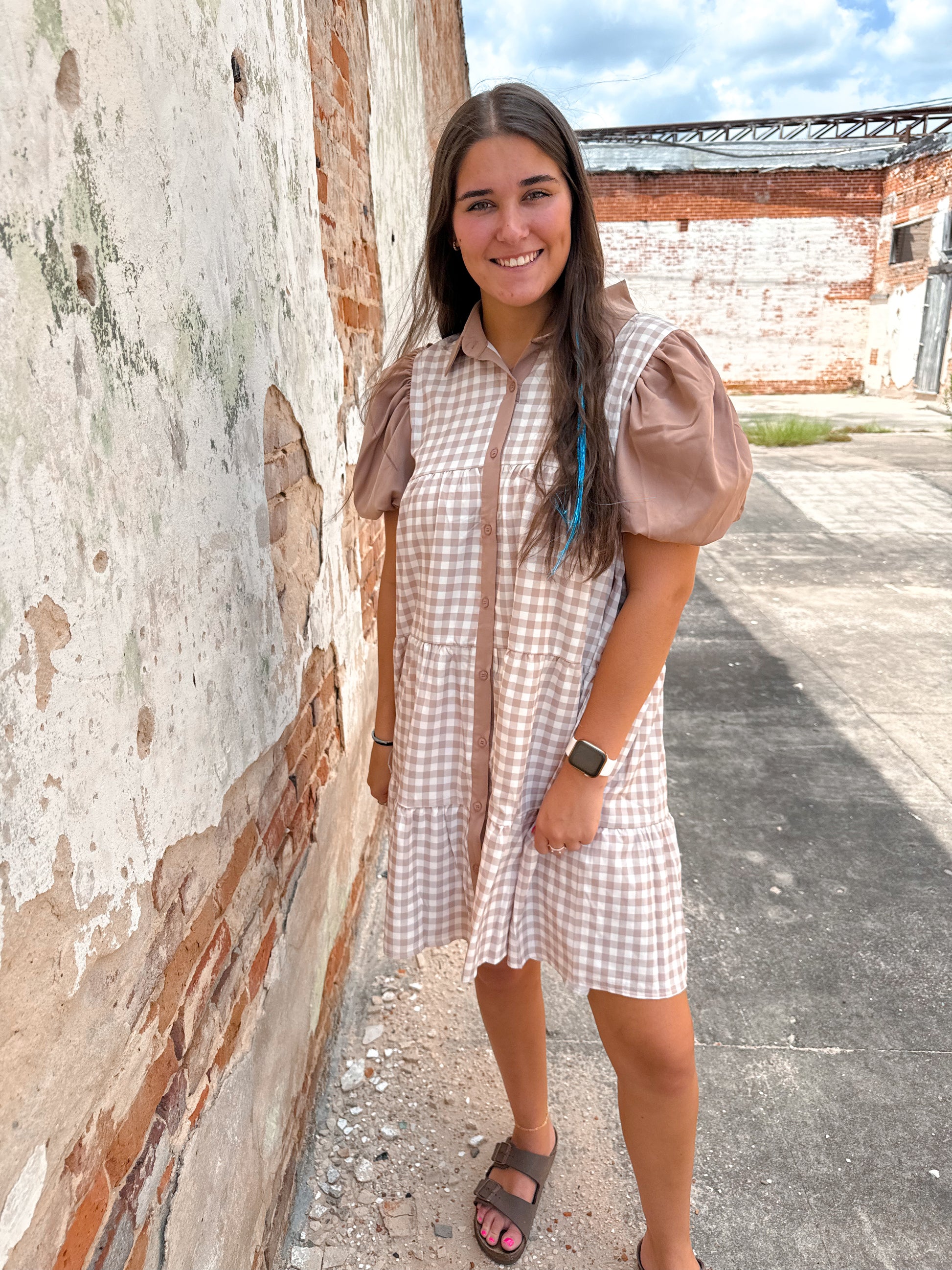 Brown Gingham Button Down Dress-Dress-Southern Grace Wholesale-06/24/25,1st md,7899B,DJR-The Twisted Chandelier