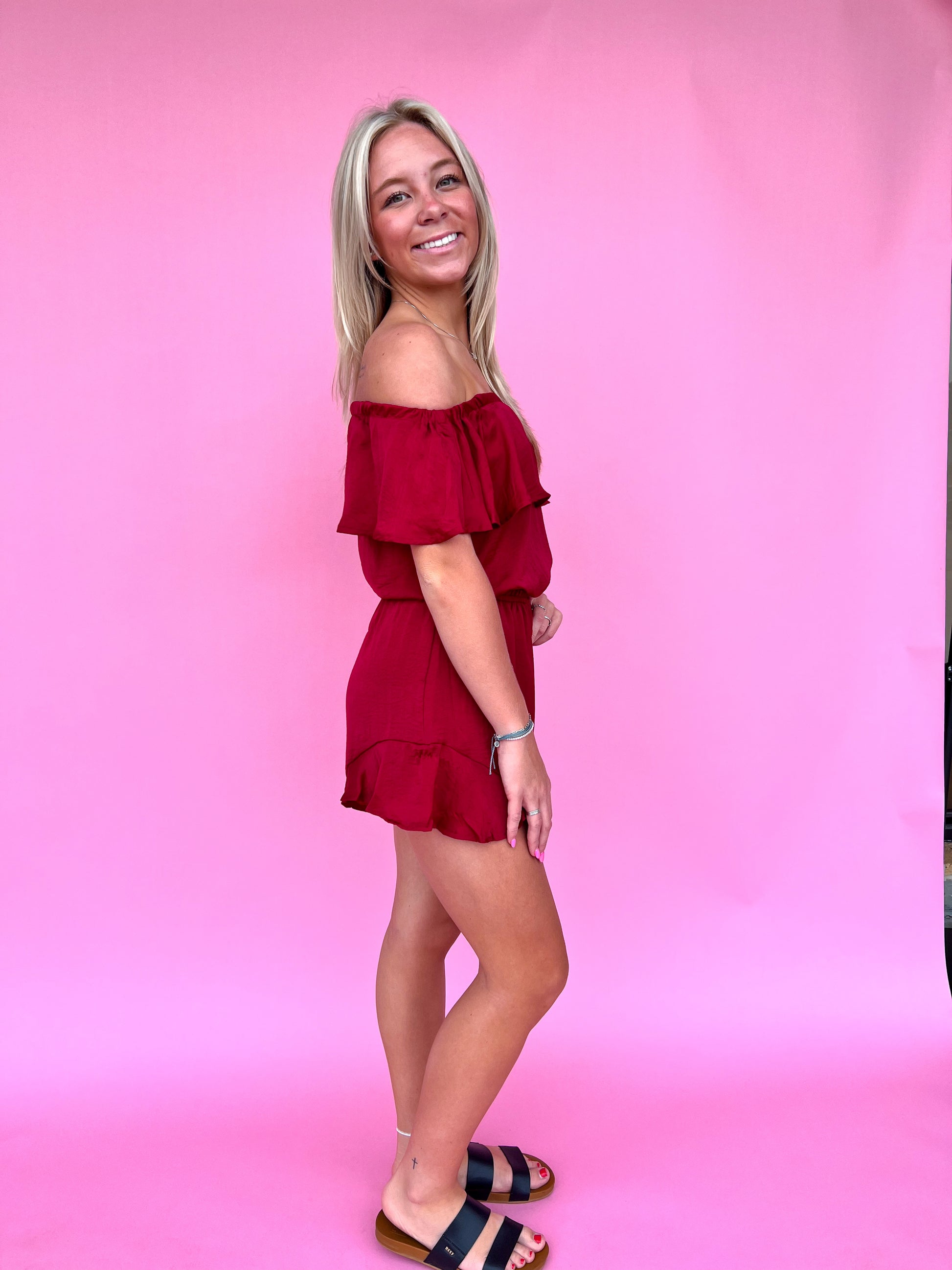 Mila Off The Shoulder Satin Romper-Romper-She & Sky-& Jumpsuits,08/18/24,1st md,Bin d2,DJR,Dresses,gameday,Max Retail,OGP 49.99,Rompers,SS8084-The Twisted Chandelier