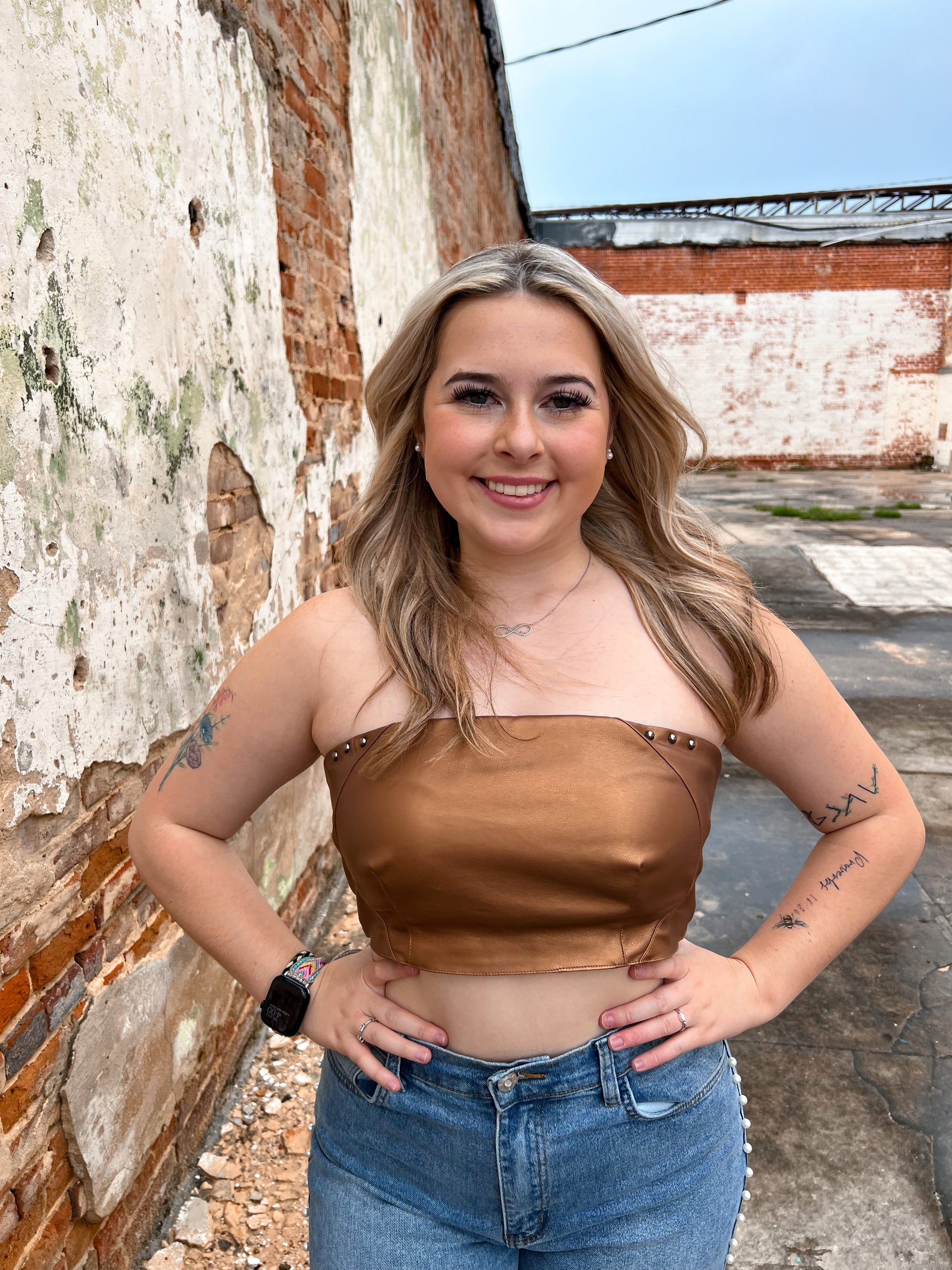Charlie Faux Leather Studded Buckle Crop Tube Top-Tube Top-blue b.-08/08/24,1st md,34910T,Bin D1,Max Retail,Tops Collection,western & concert-The Twisted Chandelier