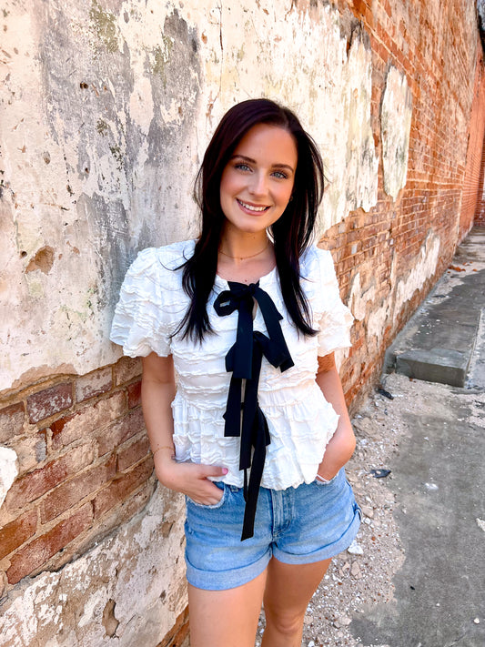 Brooklyn Bubble Babydoll Blouse With Textured Fabric And Contrast Bow-Blouse-idem ditto-1st md,BIN D3,FD 02/18/25,OGP 54.95,Tops Collection-The Twisted Chandelier