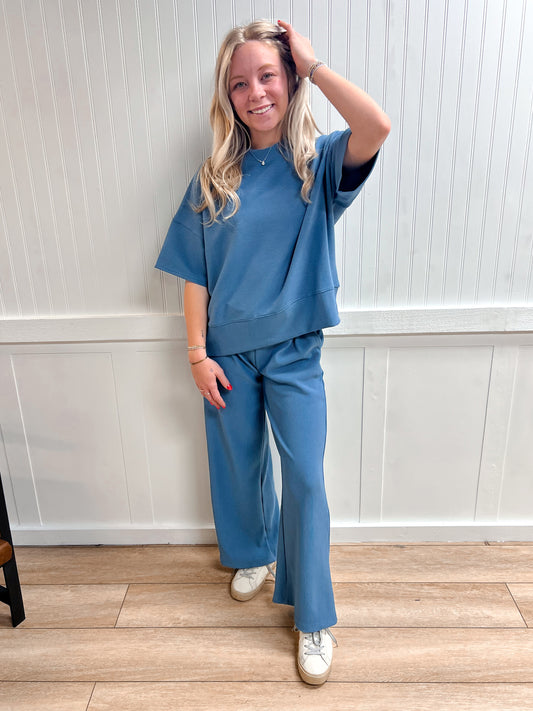 Jovie Ribbed Round Neck Tee & Pants Set – Soft Knit Two-Piece Lounge Outfit - Dusty Blue-Outfit Sets-Zenana-FD 03/12/26-The Twisted Chandelier
