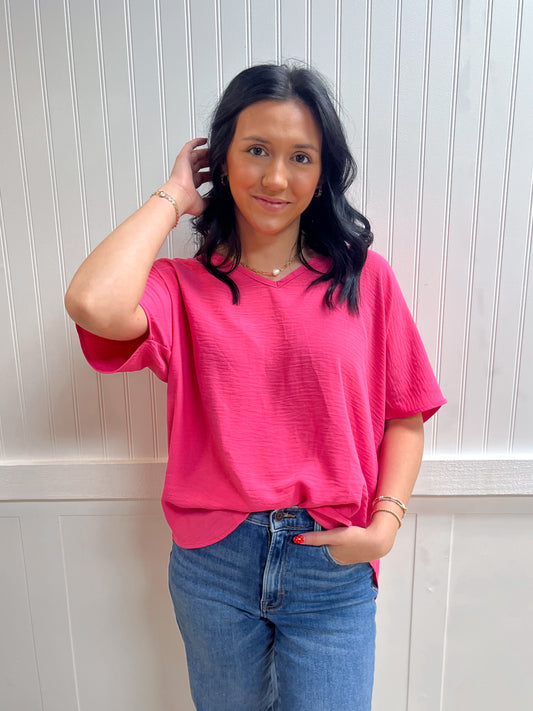 Brynn Woven Airflow V-Neck Short Sleeve Top - Fuchsia-ZENANA-FD 03/12/26,Tops Collection-The Twisted Chandelier