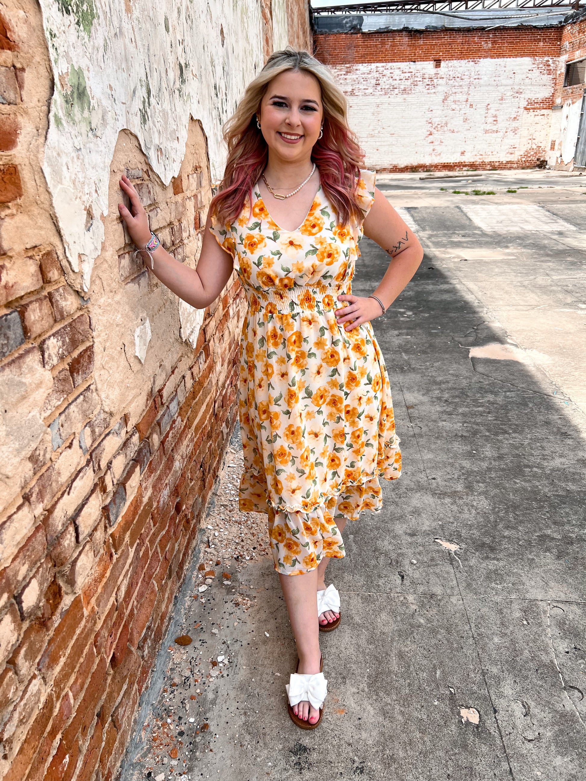 Josie Ruffled Sleeve Floral Print Woven Smocked Waist Midi Dress-Dress-She & Sky-09/03/24,1st md,DJR,OGP 49.99,SY6497-The Twisted Chandelier