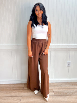 Wren Woven Airflow Elastic Waistband Pants - Brown-Pants-ZENANA-bottoms,Fall Favorites,NewArrival-The Twisted Chandelier