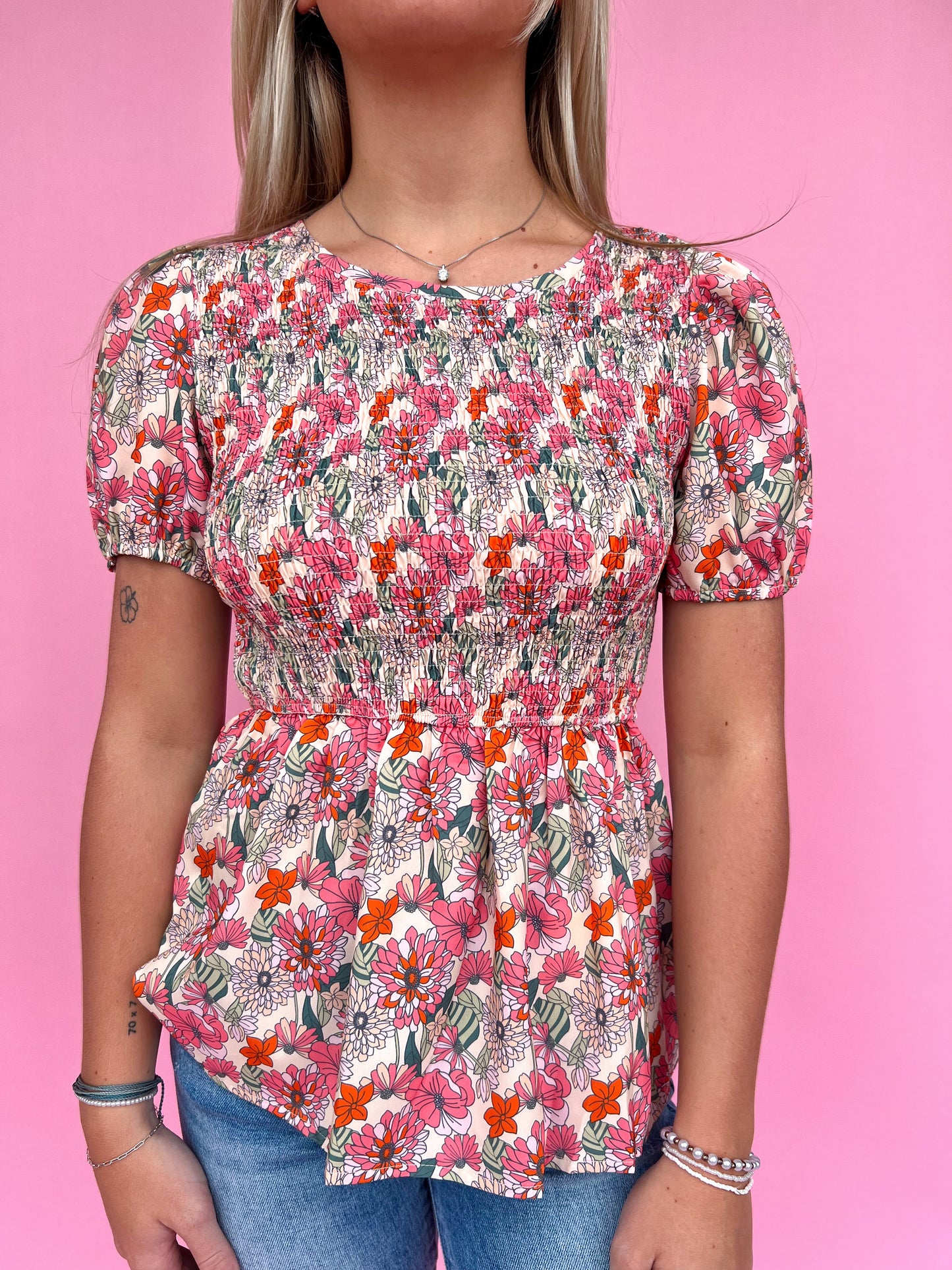 Floral Smocked Blouse-top-Southern Grace Wholesale-12/26/24,1st md,7896B,Bin D1,Max Retail,Tops Collection-The Twisted Chandelier