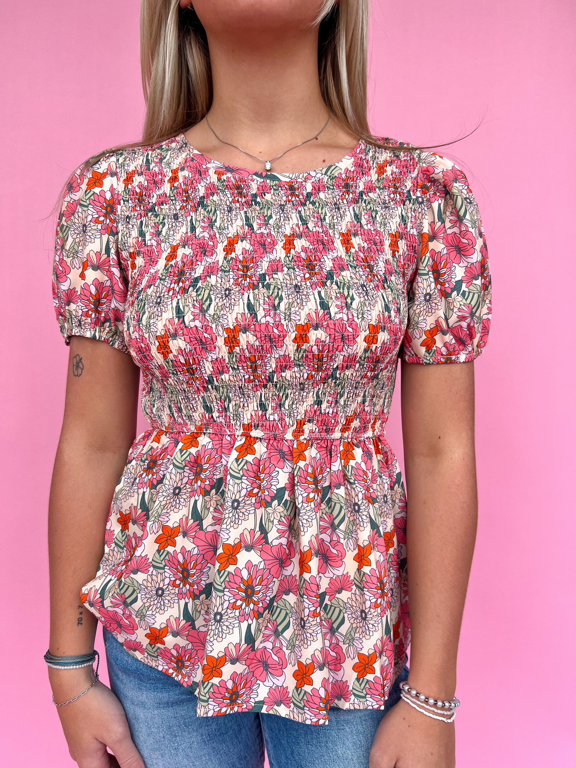 Floral Smocked Blouse-top-Southern Grace Wholesale-12/26/24,1st md,7896B,Bin D1,Max Retail,Tops Collection-The Twisted Chandelier