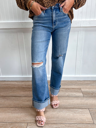 Darcy High Rise Distressed Cuffed Slim Wide Jeans-Pants-FLYING MONKEY-bottoms,F9205,Fall Favorites-The Twisted Chandelier