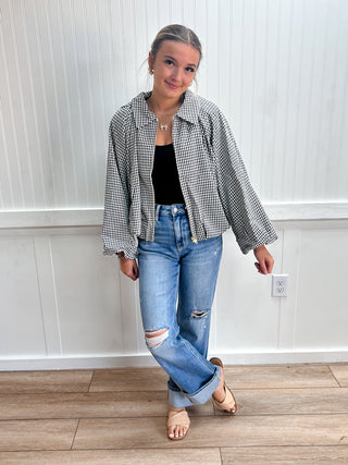 Greer Gingham Long Balloon Sleeves jacket-Jacket-ENTRO-FD 08/26/26,NewArrival,Tops Collection-The Twisted Chandelier