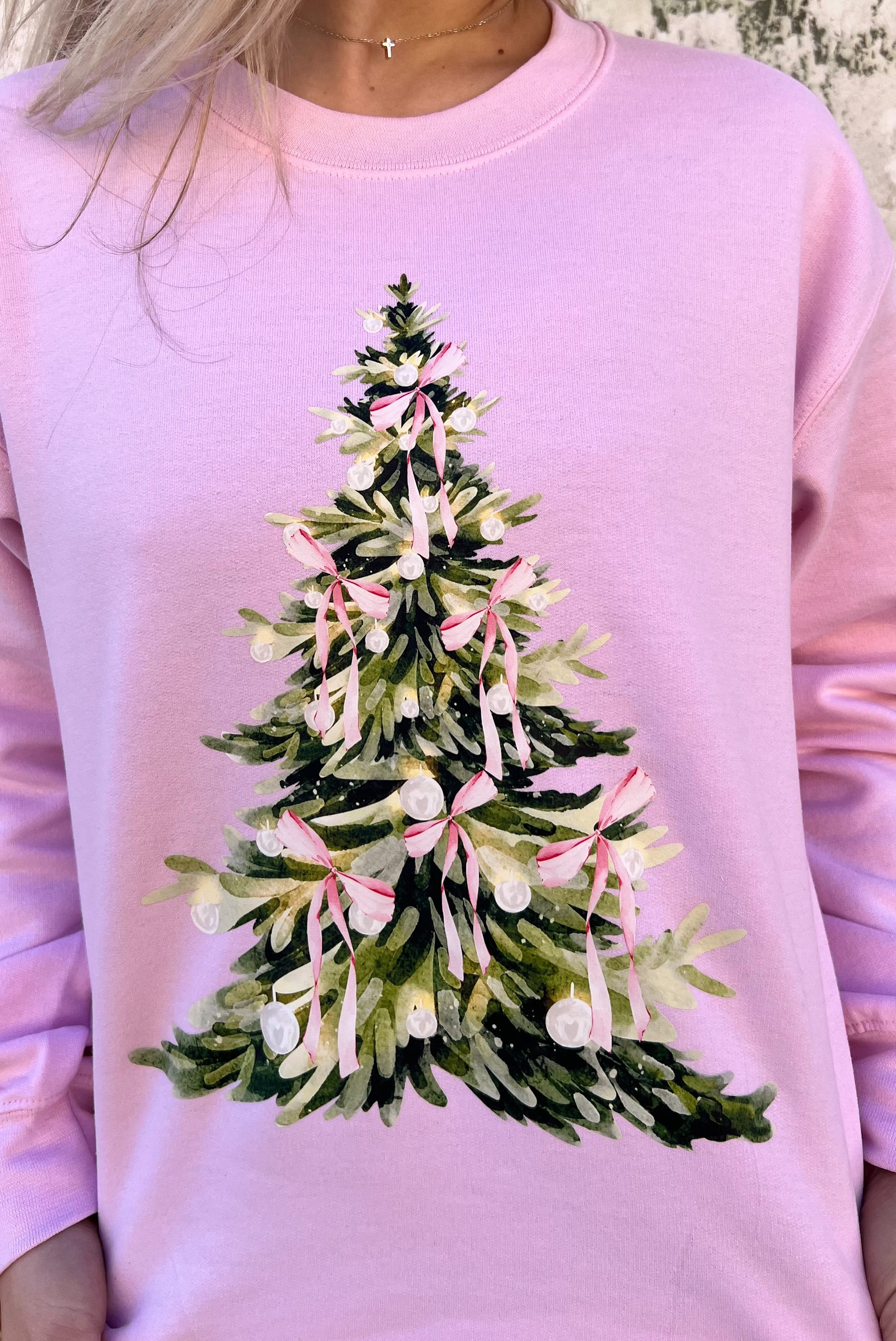 Pink Bow Christmas Tree Sweatshirt-Sweatshirt-Spirit+Tribe-Christmas tote ct1,FD 12/03/24,Tops Collection-The Twisted Chandelier