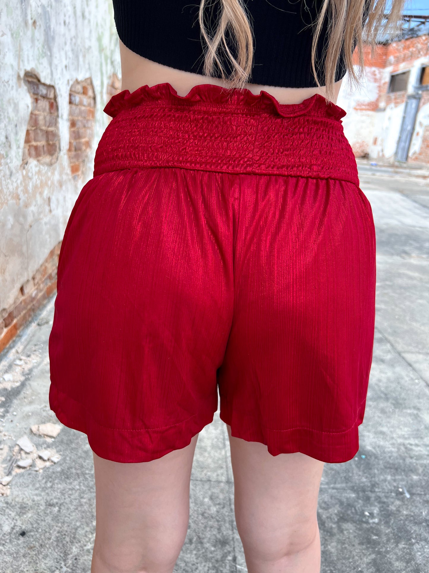 Julie Red High Waisted Shimmer Shorts-Shorts-Southern Grace Wholesale-04/25,1st md,Bin D1,bottoms,Max Retail-The Twisted Chandelier