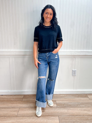 Josie Short Sleeve Round Neck Sweater with Contrast Color Stitch - Black-Shirts & Tops-Active Basic | Active USA-FD 03/31/26,Tops Collection-The Twisted Chandelier