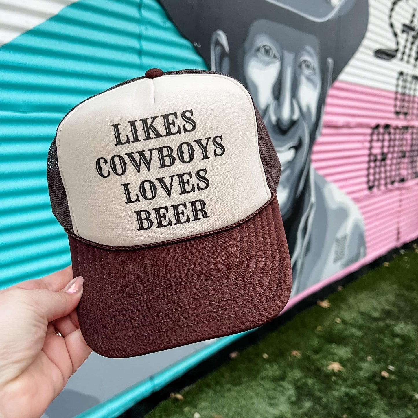 Likes Cowboys Loves Beer Snapback Foam Trucker Hat-Trucker Hat-Turquoise & Tequila-CR 04/21/25-The Twisted Chandelier