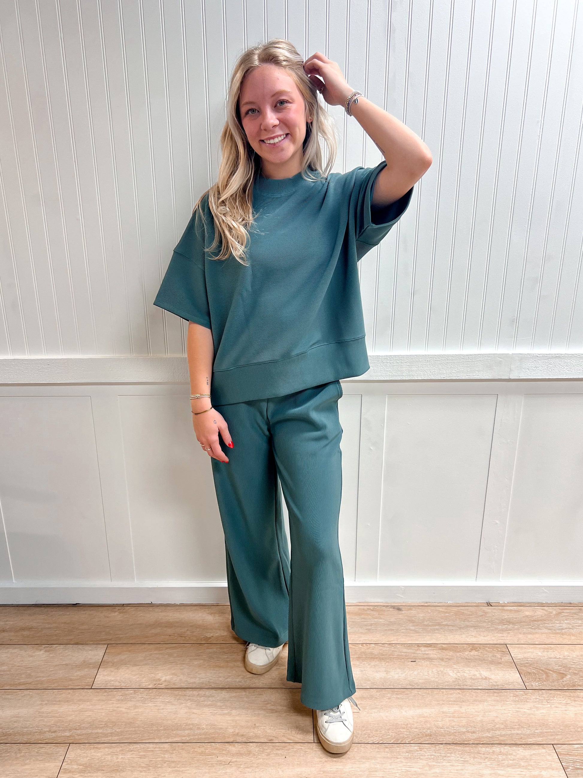 Jovie Ribbed Round Neck Tee & Pants Set – Soft Knit Two-Piece Lounge Outfit - Ash Jade-Outfit Sets-Zenana-FD 03/12/26-The Twisted Chandelier