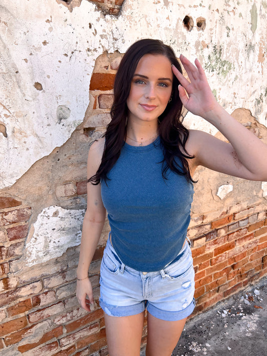 Willa Mineral Wash Rib Knit Tank Top - Blue-Tank Top-HYFVE-08/28/25,BIN D3,CR 05/09/25,OGP 27.95,Tops Collection-The Twisted Chandelier