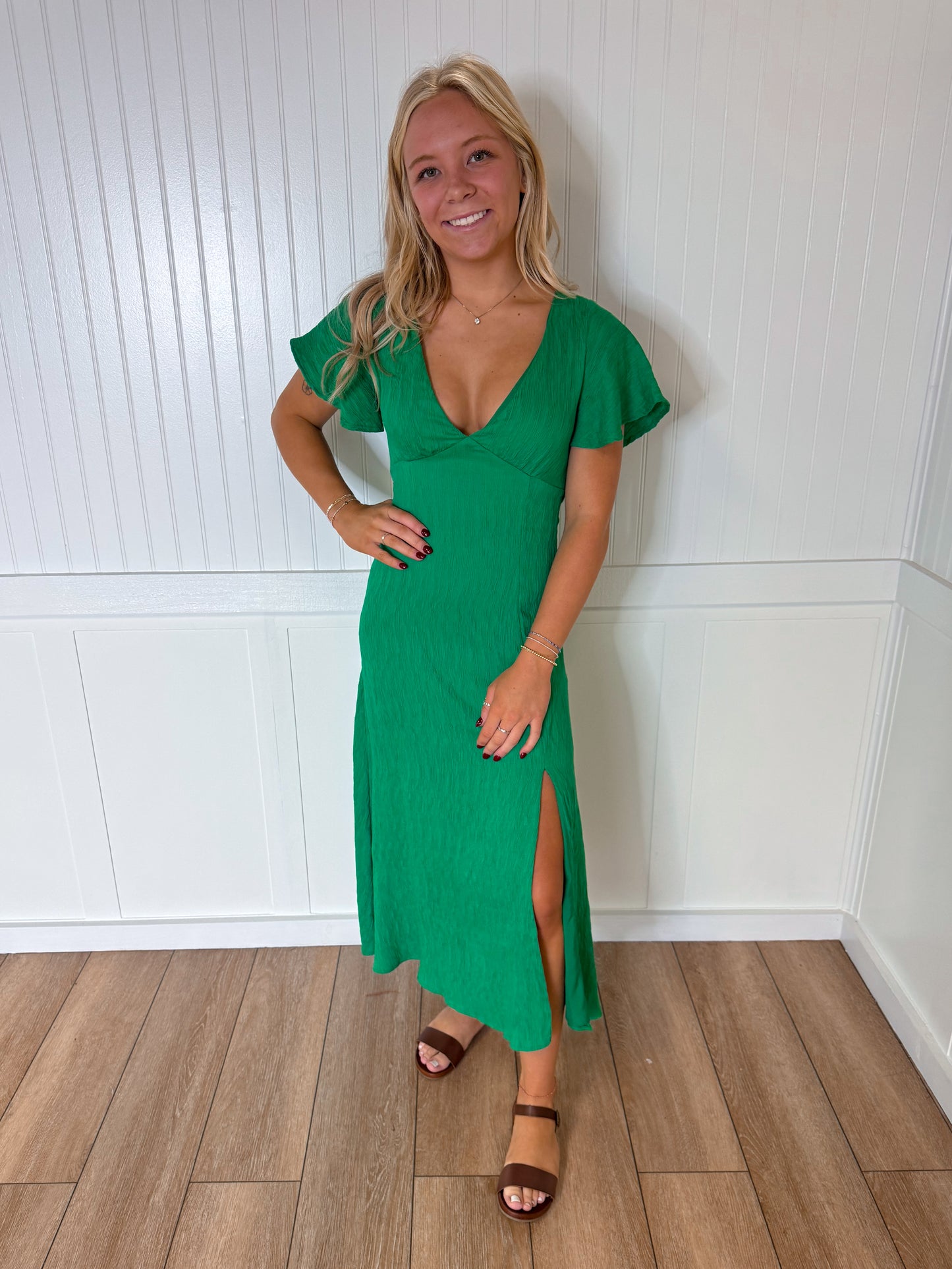 Viviana Long Green V-Neck Dress-Dresses-B. right-12/02/24,1st md,BIN A 3,CLD311097,DJR,Fd 05/21/24-The Twisted Chandelier