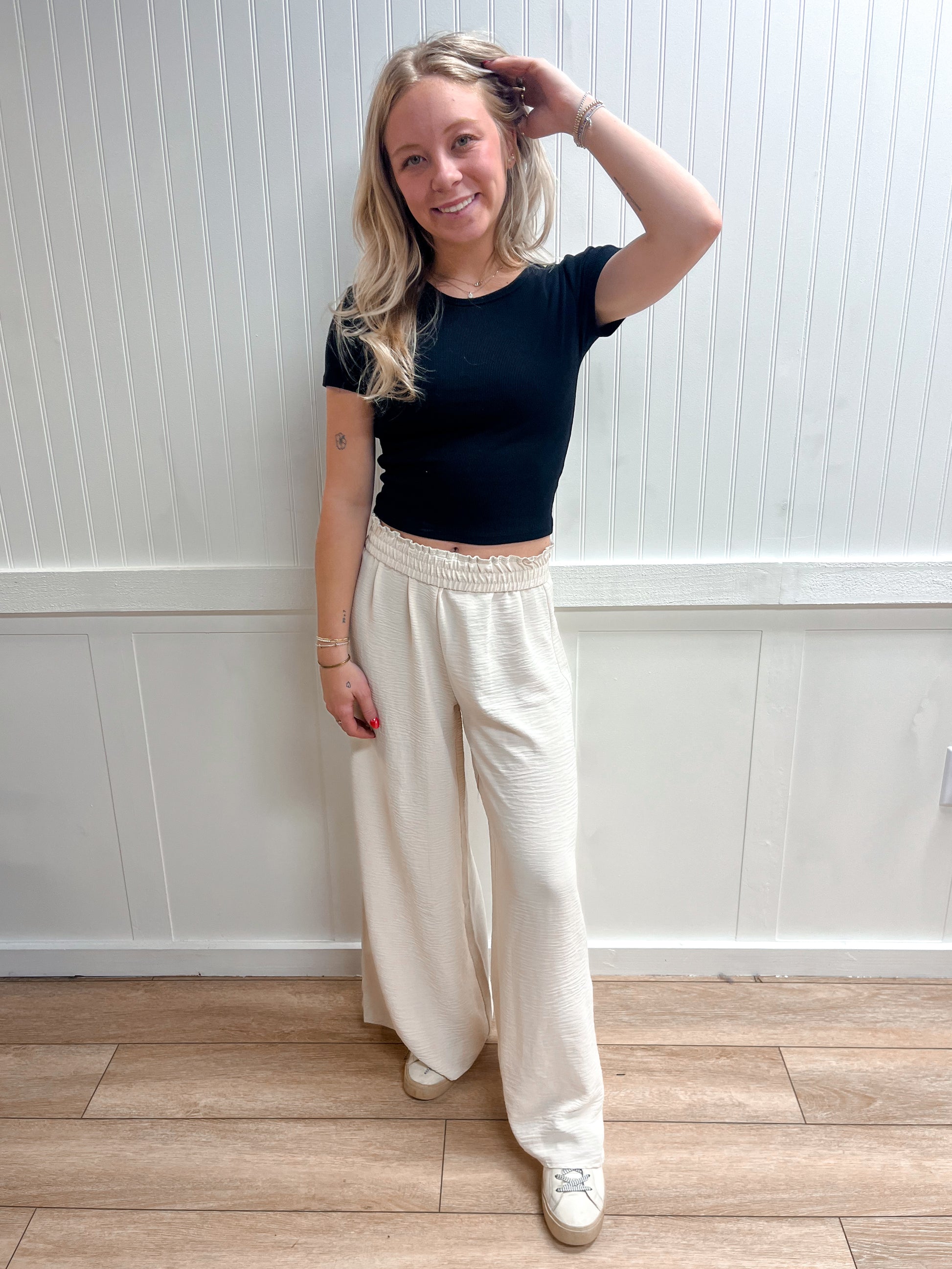 Wren Woven Airflow Elastic Waistband Pants - Sand Beige-ZENANA-bottoms,FD 03/12/26-The Twisted Chandelier