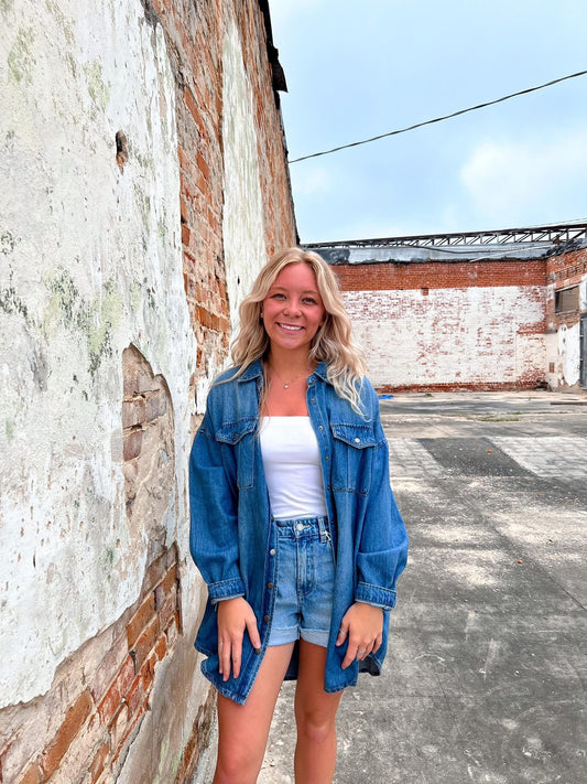 Jolie Ultra Lightweight Oversized Medium Wash Denim Shacket-Coats & Jackets-Risen Jeans-Bin d2,FD 04/02/25-The Twisted Chandelier