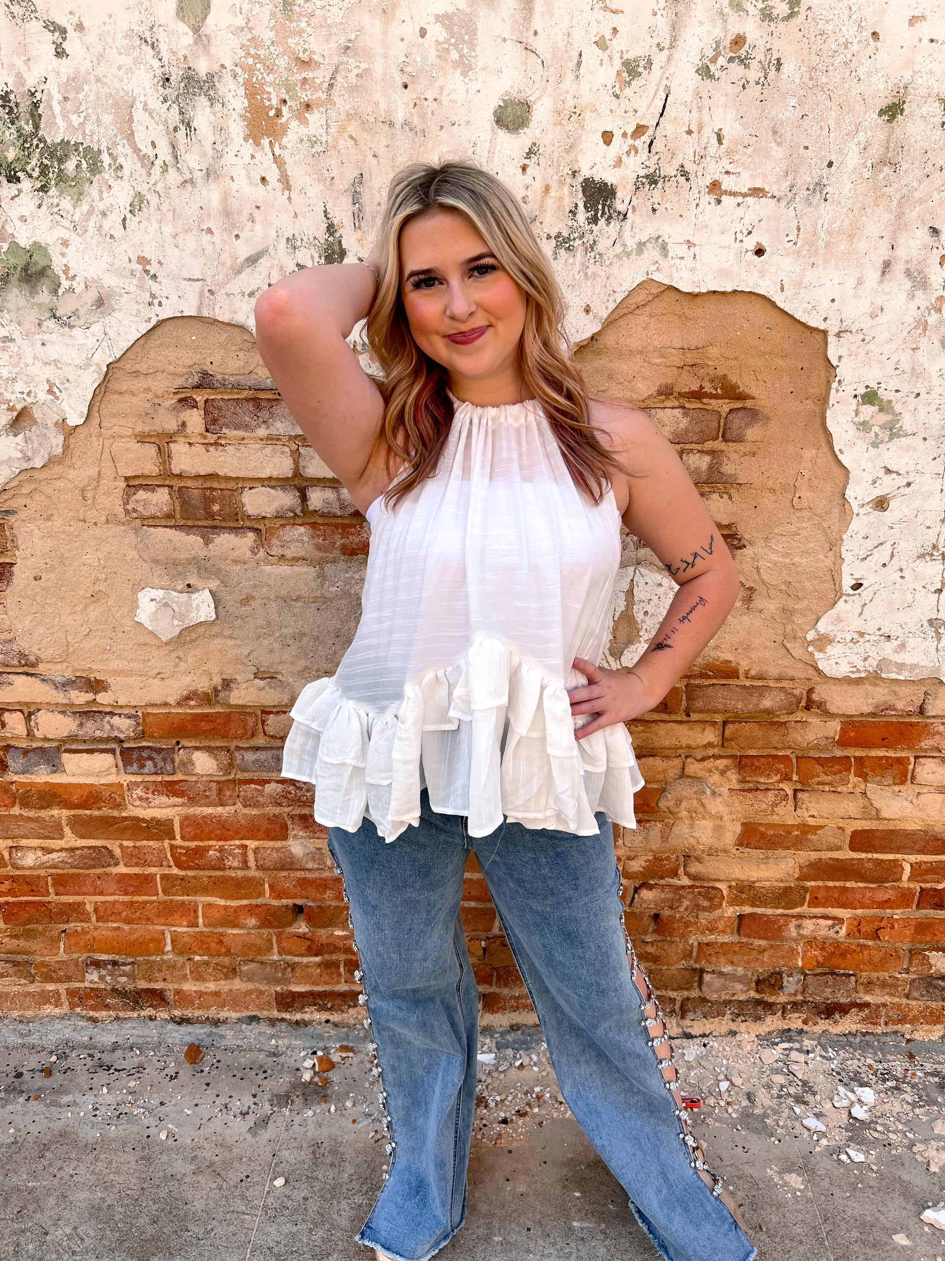 Mikayla Halter Ruffle Sleevless Blouse Top-Top-mazik-04/25,05/27/24,1st md,Bin D1,Max Retail,not on the floor only in the bins,Tops Collection-The Twisted Chandelier