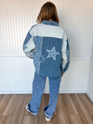 Lizzie Patchwork Mix Media Print Oversized Denim Shacket-Shirts & Tops-mittoshop-FD 01/16/26-The Twisted Chandelier