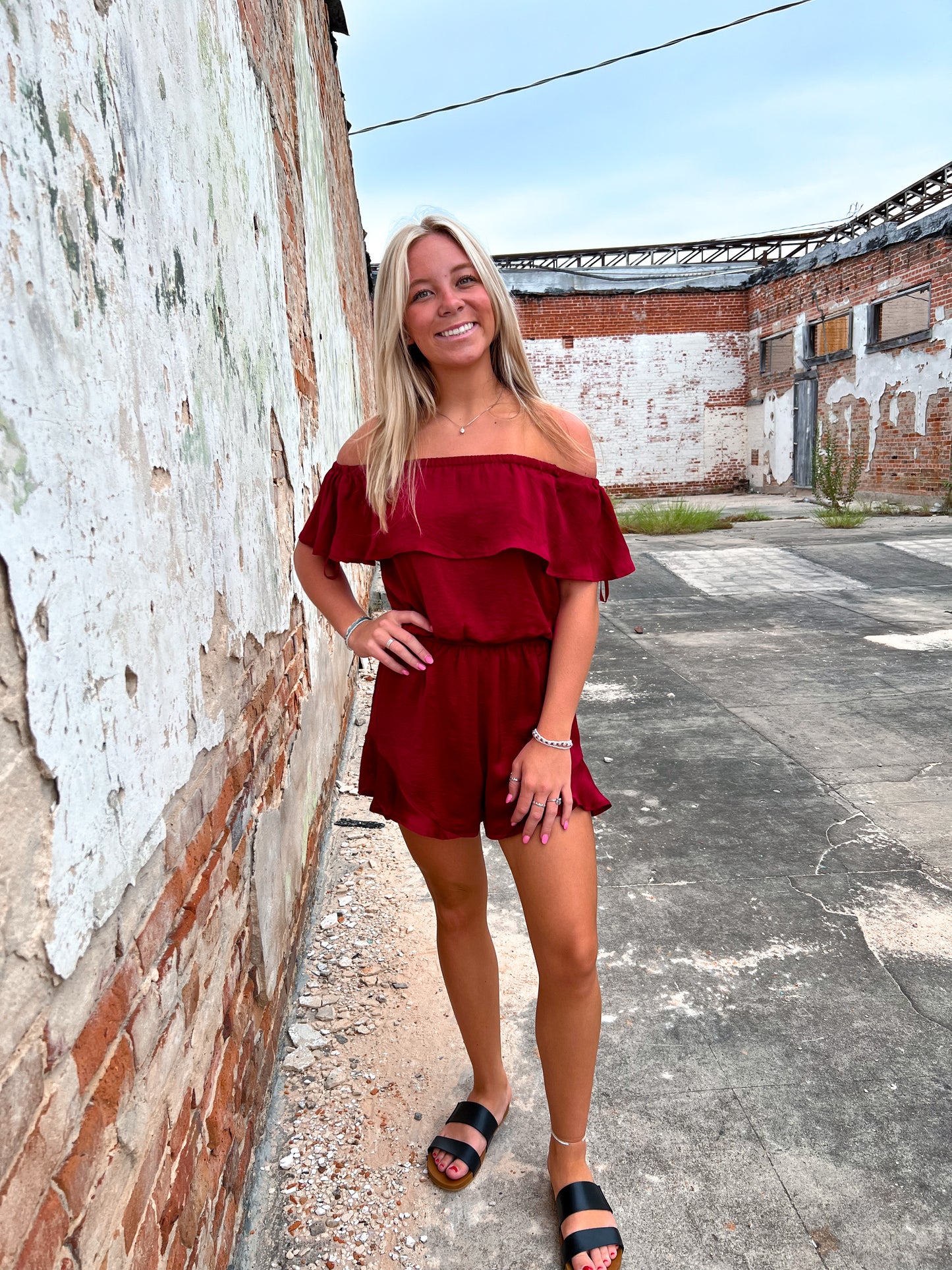 Mila Off The Shoulder Satin Romper-Romper-She & Sky-& Jumpsuits,08/18/24,1st md,Bin d2,DJR,Dresses,gameday,Max Retail,OGP 49.99,Rompers,SS8084-The Twisted Chandelier