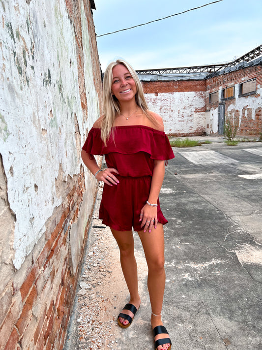 Mila Off The Shoulder Satin Romper-Romper-She & Sky-& Jumpsuits,08/18/24,1st md,Bin d2,DJR,Dresses,gameday,Max Retail,OGP 49.99,Rompers,SS8084-The Twisted Chandelier