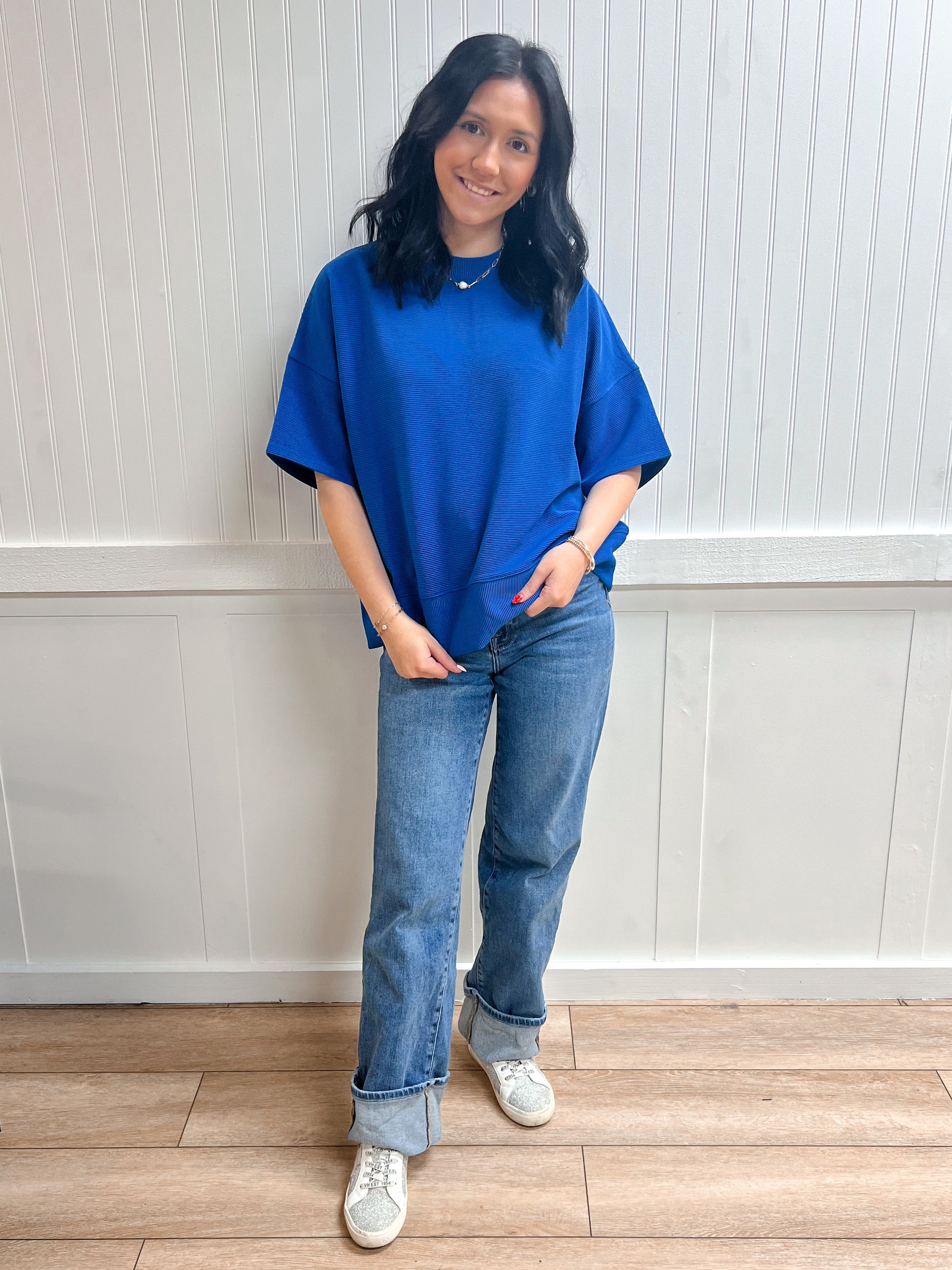 Kinsley Ribbed Round Neck Waist Banded Tee Shirts - Classic Blue-Zenana-FD 03/12/26,Tops Collection-The Twisted Chandelier
