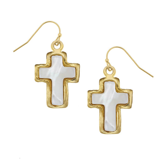 Susan Shaw Mother of Pearl Cross Drop Earrings-Susan Shaw-The Twisted Chandelier