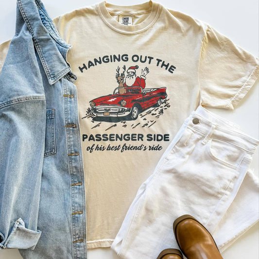 Passenger Side Christmas Graphic Tee-Graphic T-Shirt-Mugsby-not on the floor only in totes,Tops Collection,Winter Tote T5-The Twisted Chandelier