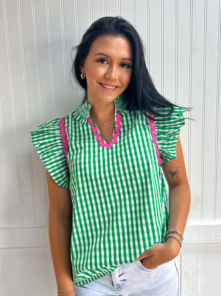 Eloise Check Print Flutter Sleeve Top-Top-Entro-FD 06/17/26,Tops Collection-The Twisted Chandelier