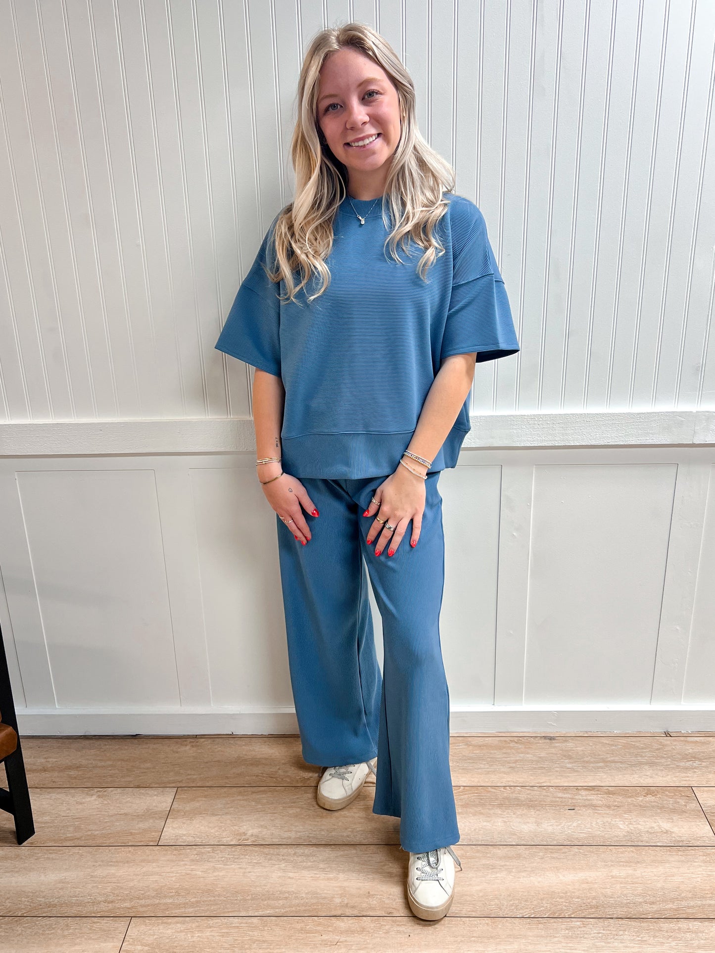 Jovie Ribbed Round Neck Tee & Pants Set – Soft Knit Two-Piece Lounge Outfit - Dusty Blue-Outfit Sets-Zenana-FD 03/12/26-The Twisted Chandelier