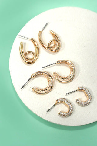 Trio Huggie Hoop Rhinestone Titanium Post Earrings-Earrings-JOSSLYN by wall to wall-80E5807-The Twisted Chandelier