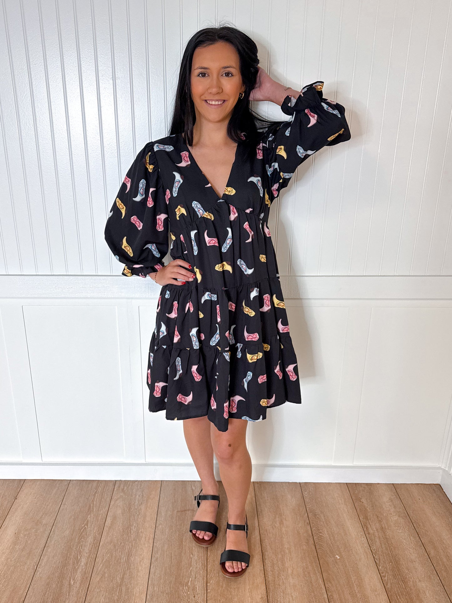 Alma Cowboy Boot Print Woven Dress-Dresses-She & Sky-09/03/24,1st md,Bin b2,DJR,FD 04/23/24,SY5861-The Twisted Chandelier