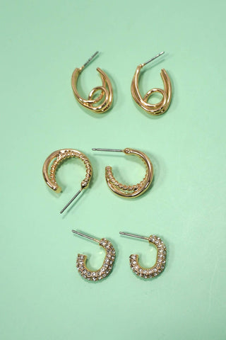 Trio Huggie Hoop Rhinestone Titanium Post Earrings-Earrings-JOSSLYN by wall to wall-80E5807-The Twisted Chandelier