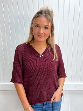 Maeve Split Neck Short Sleeve Sheer Crochet Knit Top-Top-Blu Pepper-Fall Favorites,gameday,NewArrival,Tops Collection-The Twisted Chandelier
