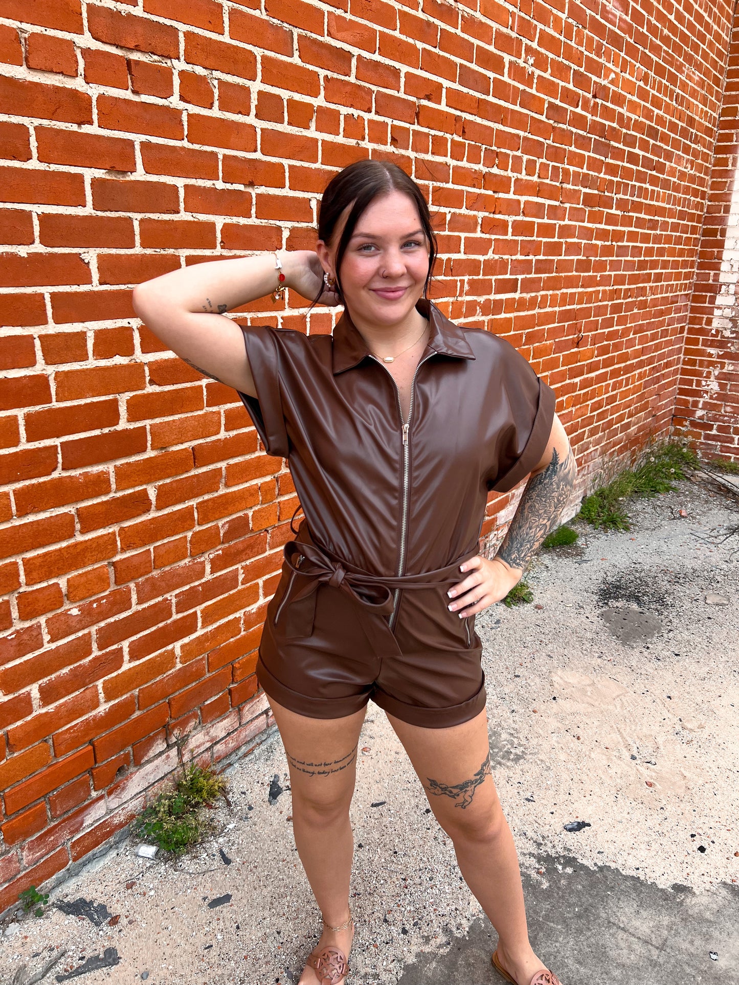 Lexa Faux Leather Romper With Tie-Romper-day+moon-& Jumpsuits,04/25,1st md,DJR,Dresses,Max Retail,Rompers,western & concert-The Twisted Chandelier