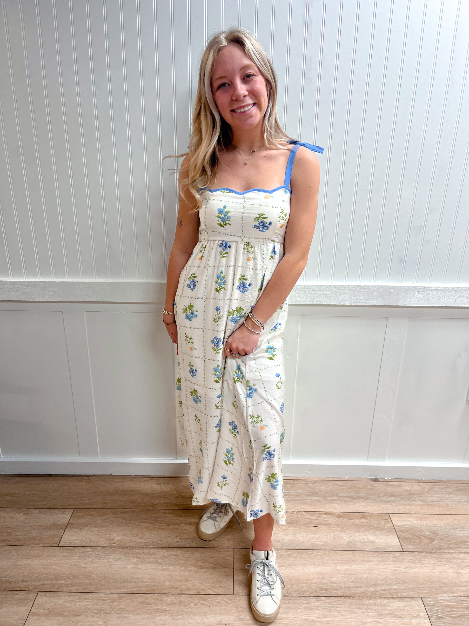 Sienna Floral Tile Pattern Scalloped Tie Strap Midi Dress-Blu Pepper-CR2842,DJR,FD 03/12/26-The Twisted Chandelier