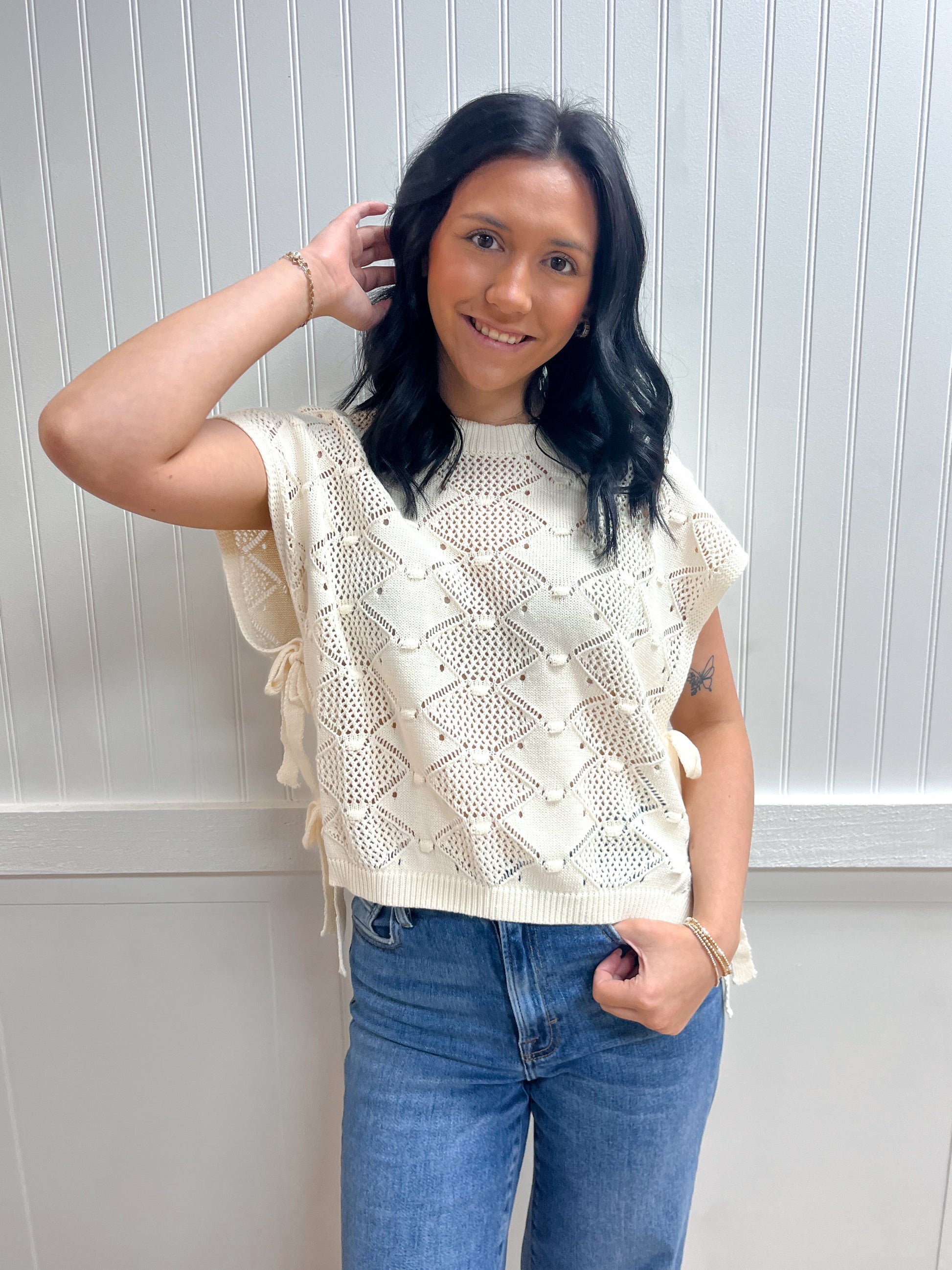 Zara Clip Dot Short Sleeve Side Tie Crochet Sweater-Blu Pepper-FD 03/12/26,Tops Collection-The Twisted Chandelier