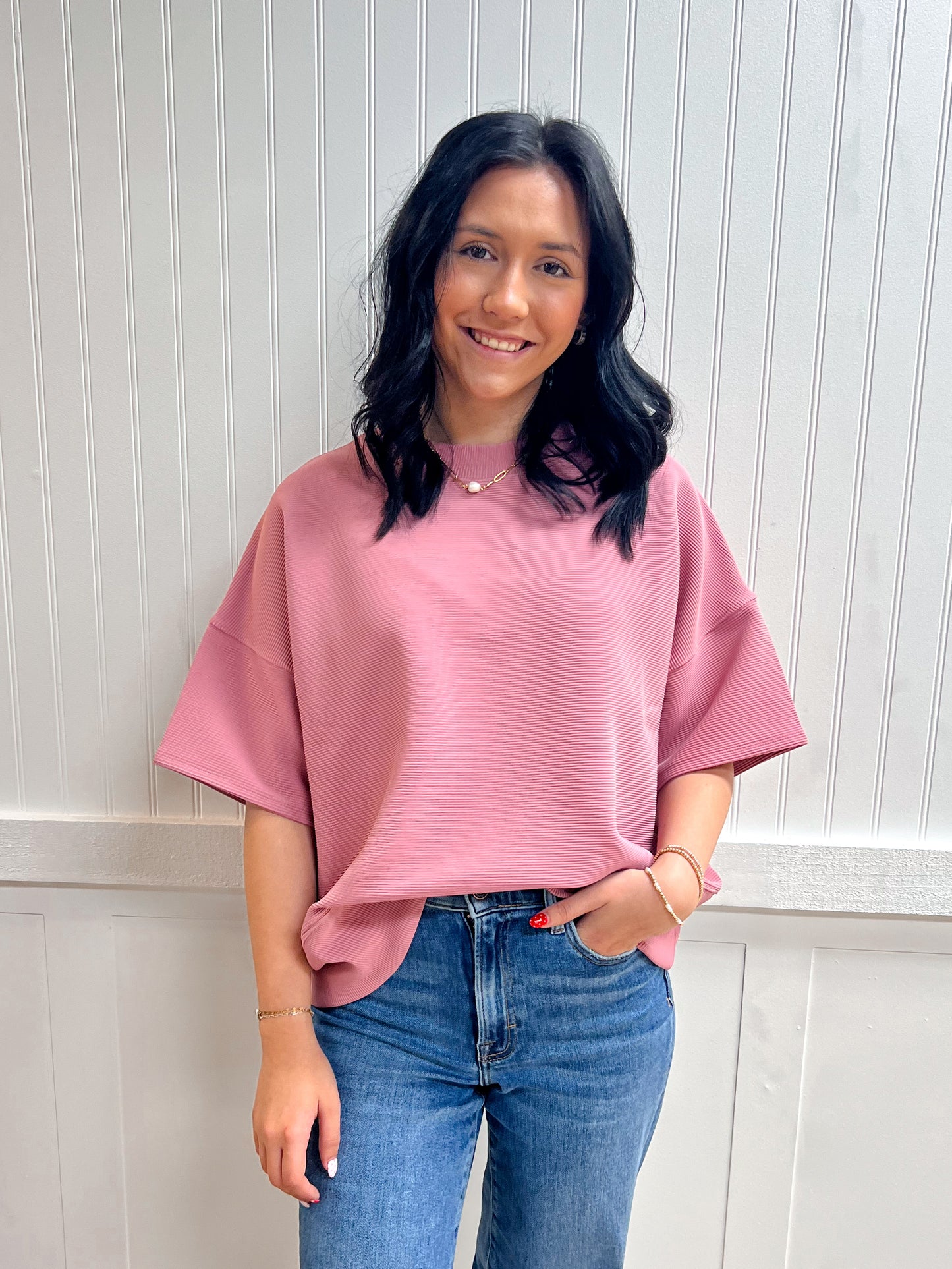 Kinsley Ribbed Round Neck Waist Banded Tee Shirts - Light Rose-Zenana-FD 03/12/26,Tops Collection-The Twisted Chandelier