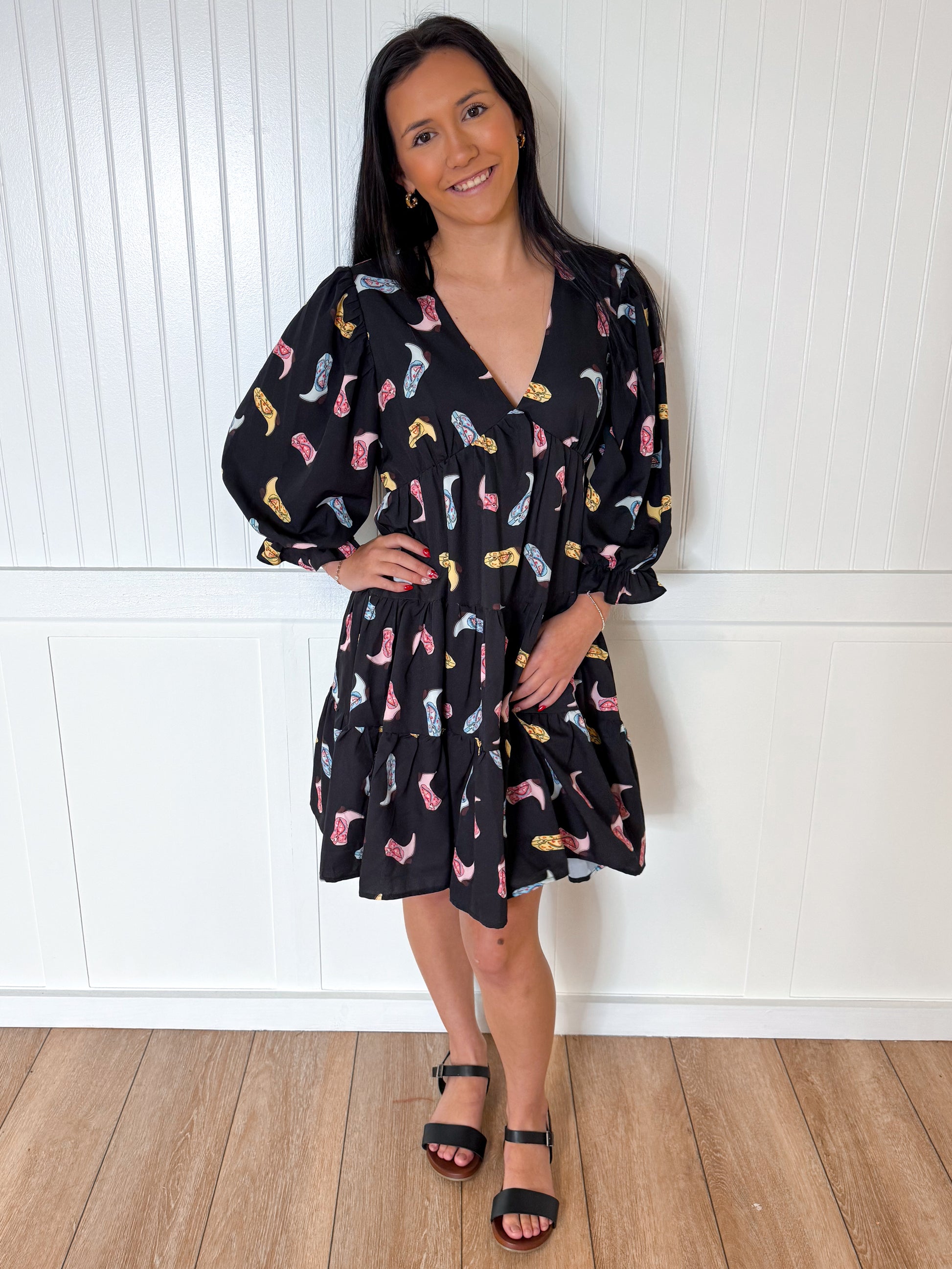 Alma Cowboy Boot Print Woven Dress-Dresses-She & Sky-09/03/24,1st md,Bin b2,DJR,FD 04/23/24,SY5861-The Twisted Chandelier